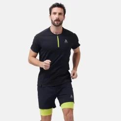Sportshirt Odlo Men Crew Neck S/S 1/2 Zip Axalp Training Black Evening Primrose -ontdek een breed assortiment van outdoor kleding 3 313902 60259